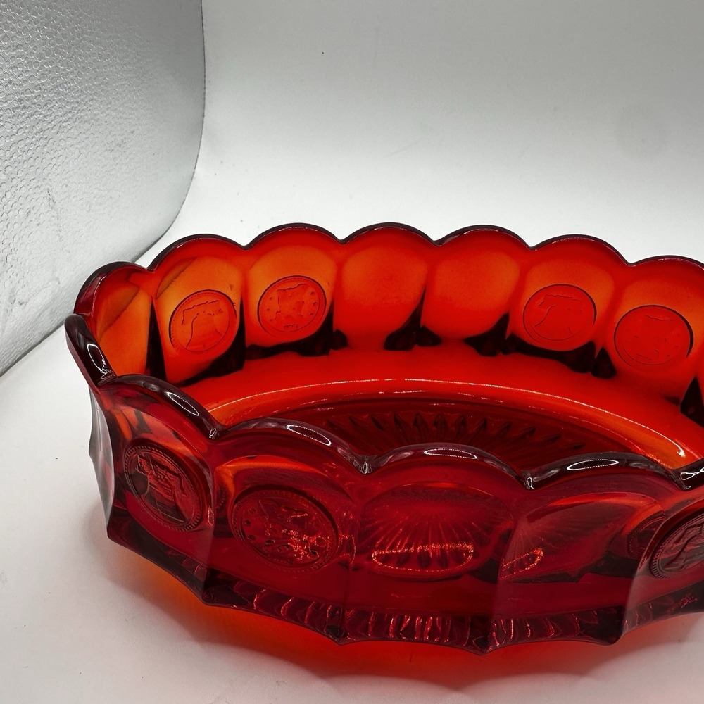 Vintage Fostoria Ruby Red Coin Scalloped Glass Console Bowl Dish Excellent Used - Picture 6 of 8